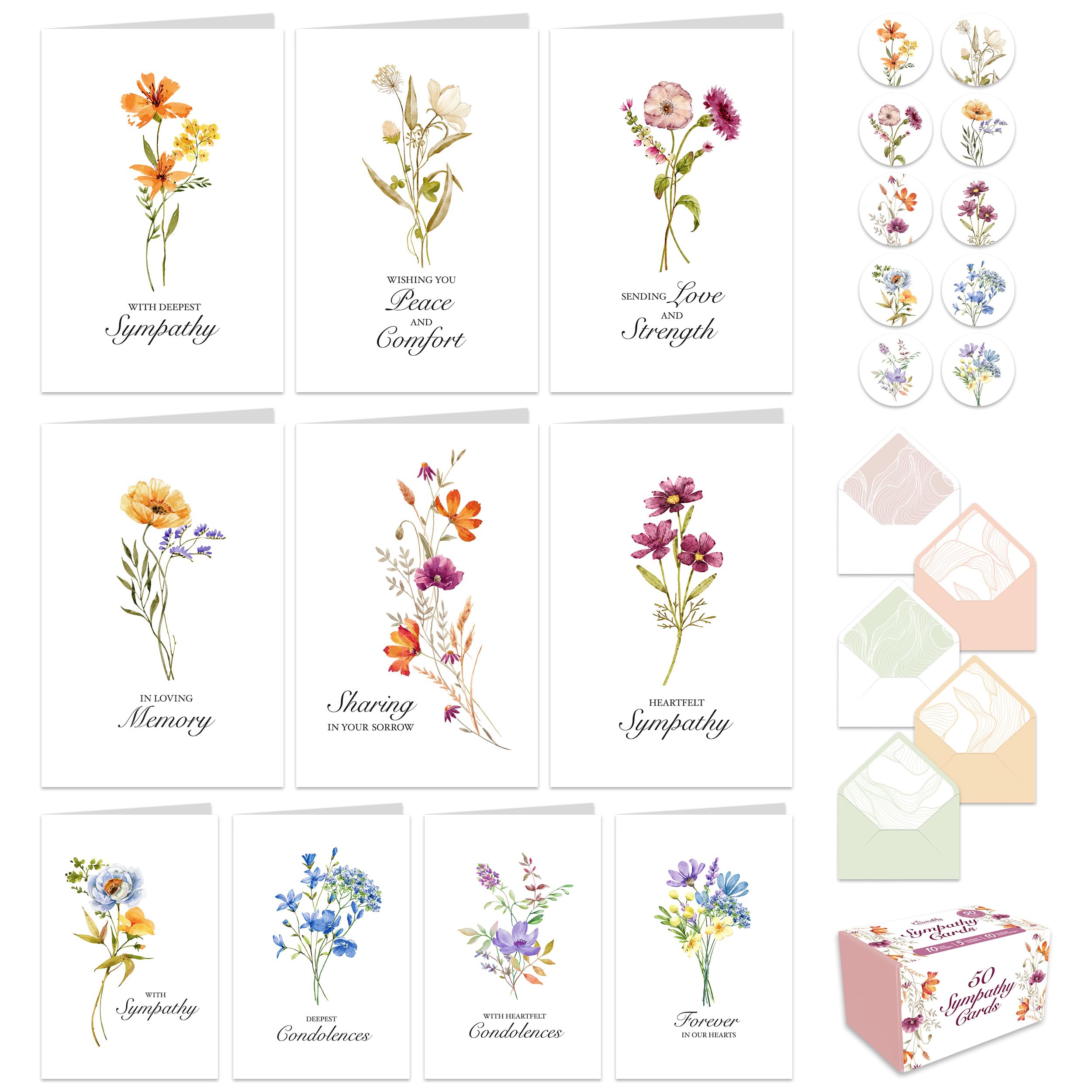 Decorably 50 Pack 4x6in Bulk Sympathy Cards with Envelopes & Stickers, 10 Folded Floral Designs with Printed Message Inside - Burial, Grief, Bereavement, Loss of Loved Ones