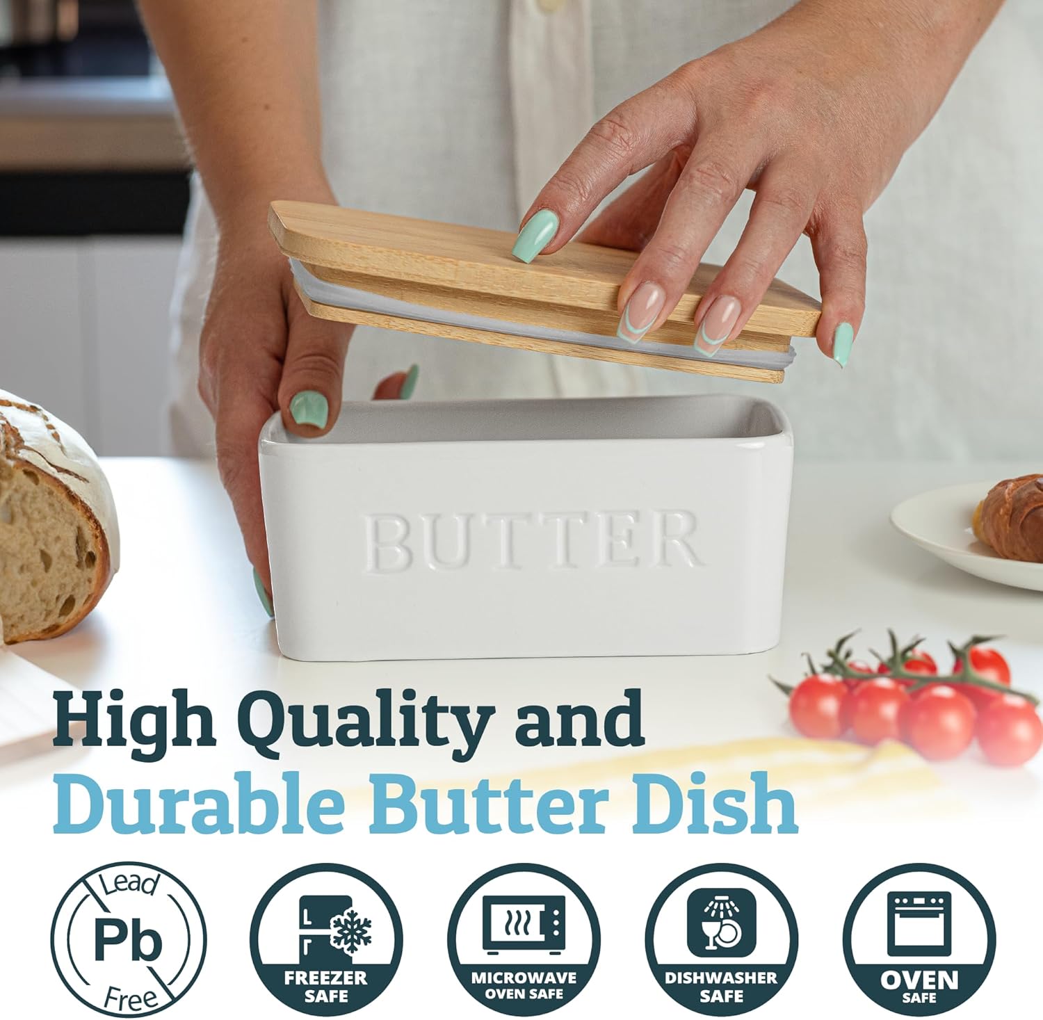 PriorityChef Extra Large Butter Dish - Ceramic Airtight Butter Keeper with Lid | White