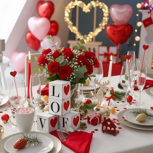 Yousoontic 4 Pcs Valentine's Day Wooden Decorations Double-Sided Love Heart Wood Block Sign Rustic Farmhouse Valentines Tiered Tray Decor Table Centerpiece for Wedding Anniversary Party Office Shelf