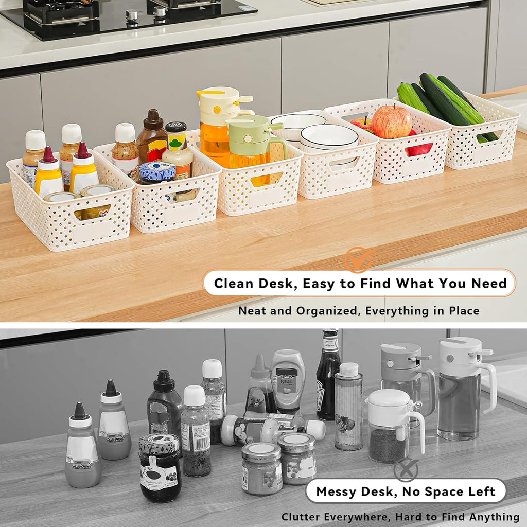 Plastic Storage Baskets - 12 Pack Organizing Bins with Handles & Labels for Home, Office, Closet