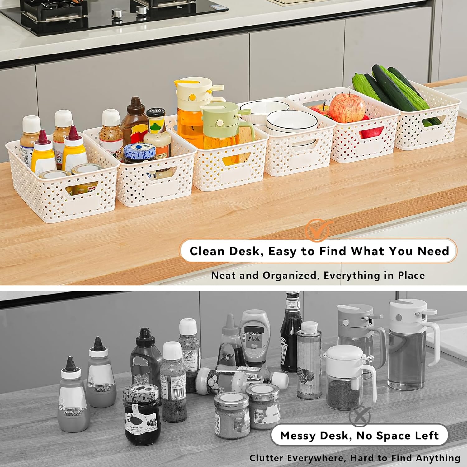 Plastic Storage Baskets - 12 Pack Organizing Bins with Handles & Labels for Home, Office, Closet