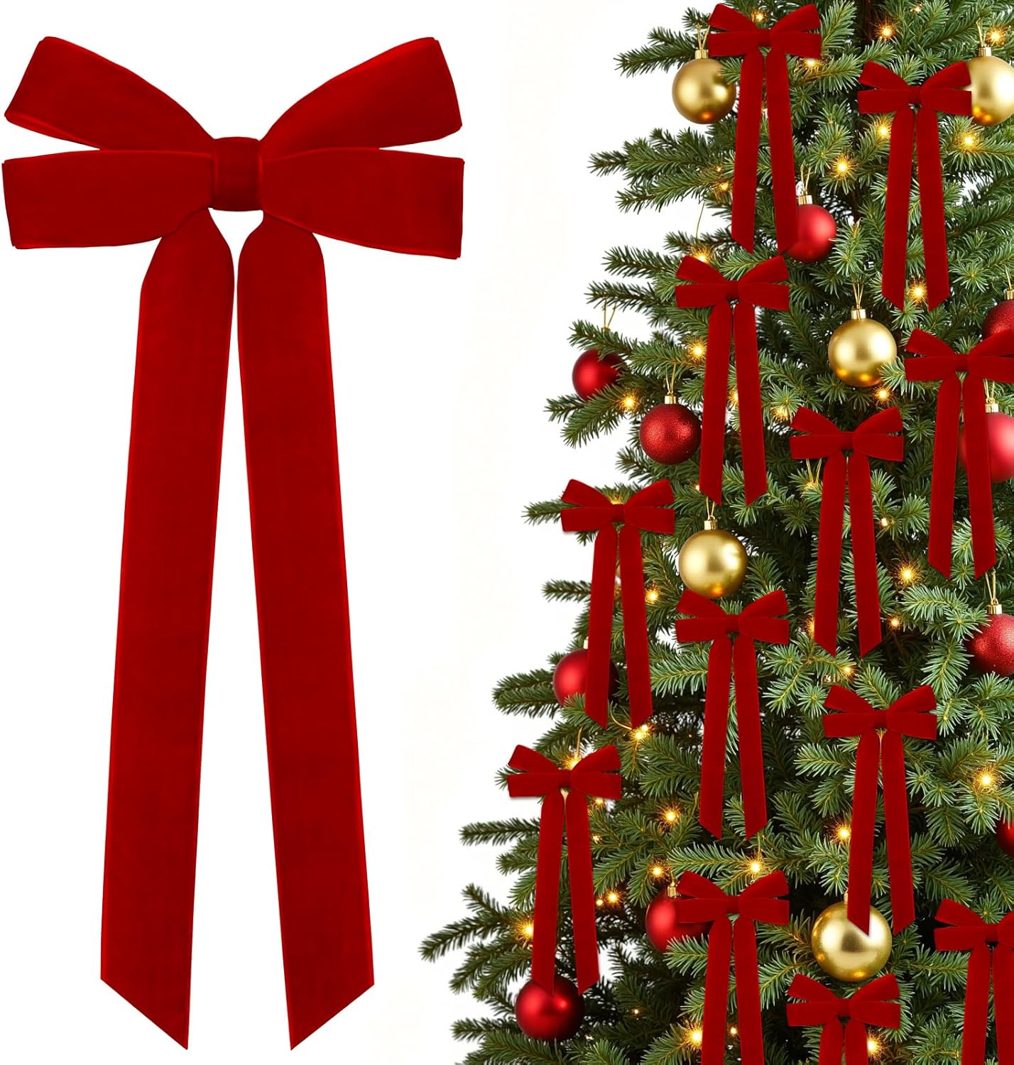 Regine Switzerland 12Pcs Red Velvet Ribbon Bows - 5in X 10in Christmas Tree & Wreath Decorations | Rustic Holiday Decor