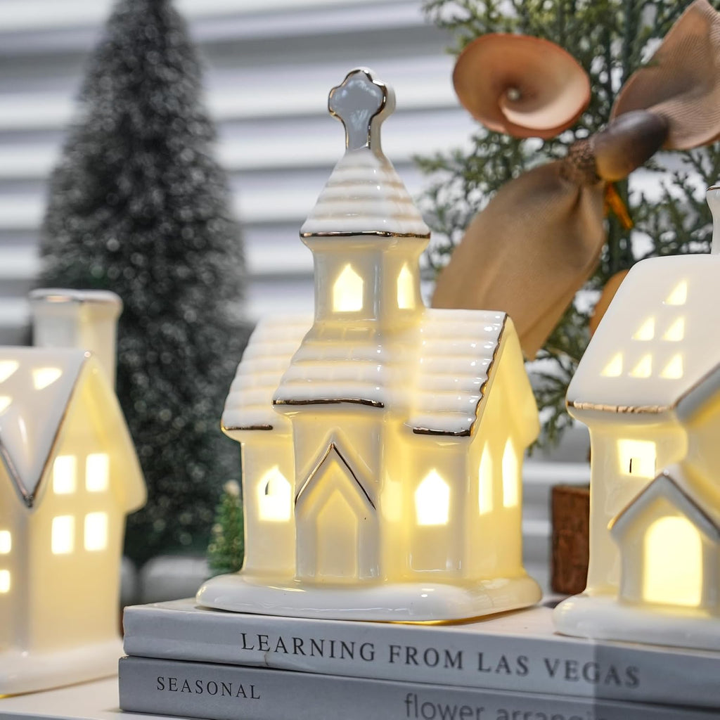 White Christmas Village Houses - 3Pcs Glazed Ceramic Houses with Trees | Light Up Xmas Decor Set