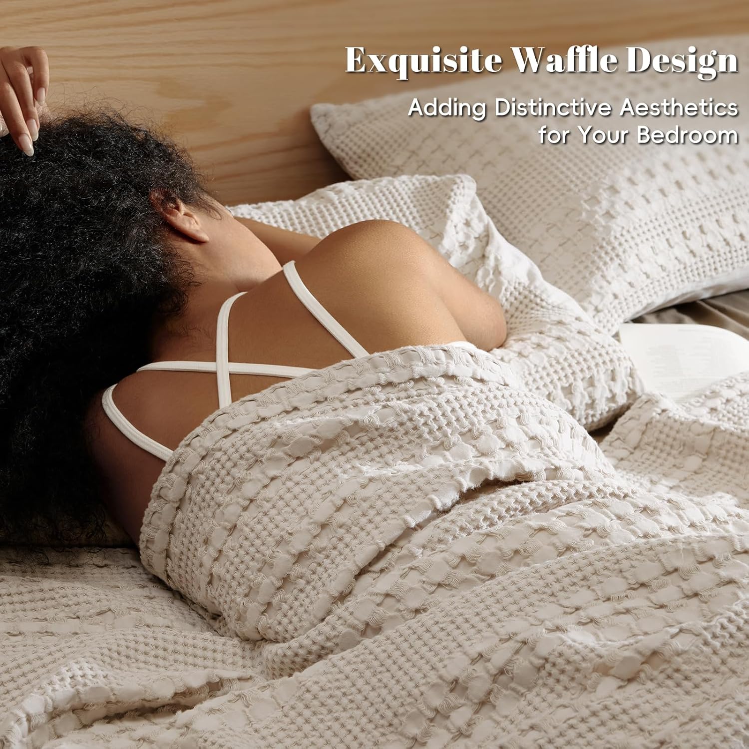 PHF 100% Cotton Waffle Weave Blanket - Soft, Lightweight & Breathable Queen Size | Luxury Home Decor, 90"x90", Light Taupe/Oatmeal