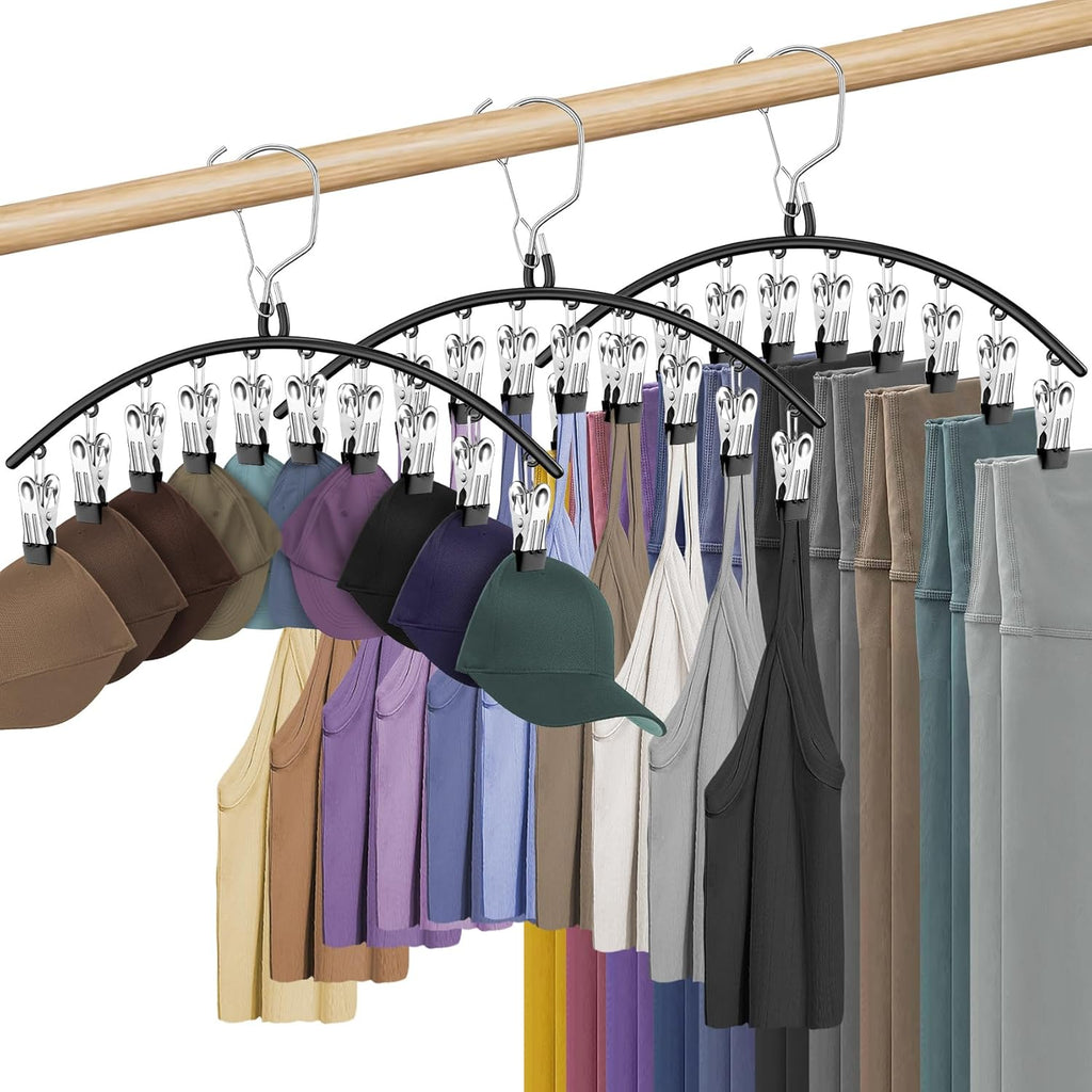 Skiennix 3-Pack Skirt Pants Hangers - Space-Saving Closet Organizer with 10 Clips for Leggings, Shorts, Jeans & Skirts - Black