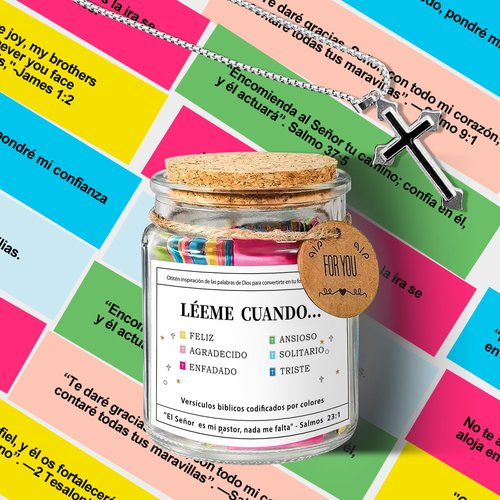 Spanish Bible Verse Jar, Scripture Prayer Read Me When bible verses Jar, Frasco Tarro de Versículos Bíblicos en Español, Regalo Cristiano para Mujer, with Handwritten Greeting Card & Cross Necklace