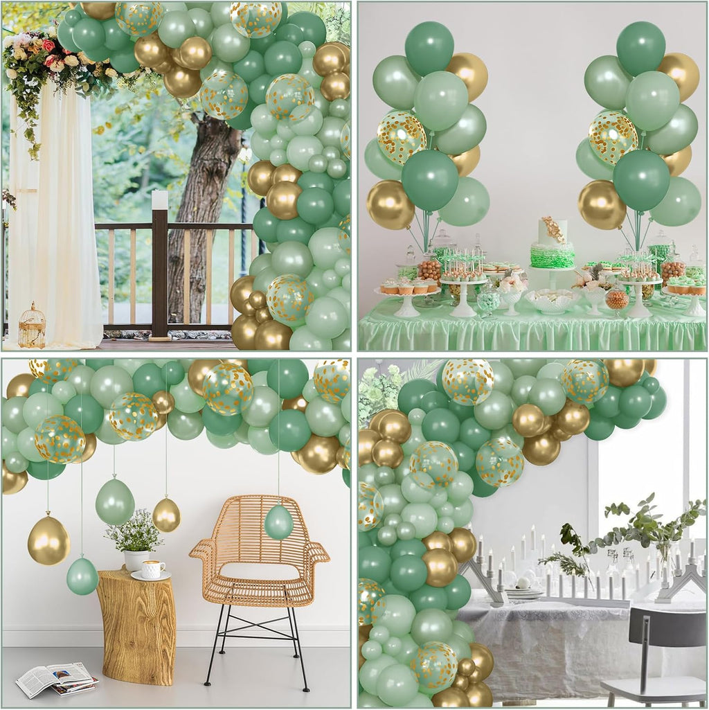 Skiennix 72Pcs Sage Green Balloon Set - 12" Latex Balloons with Pearl Metallic Gold & Olive Confetti for Baby Shower, Birthday, Wedding Decorations