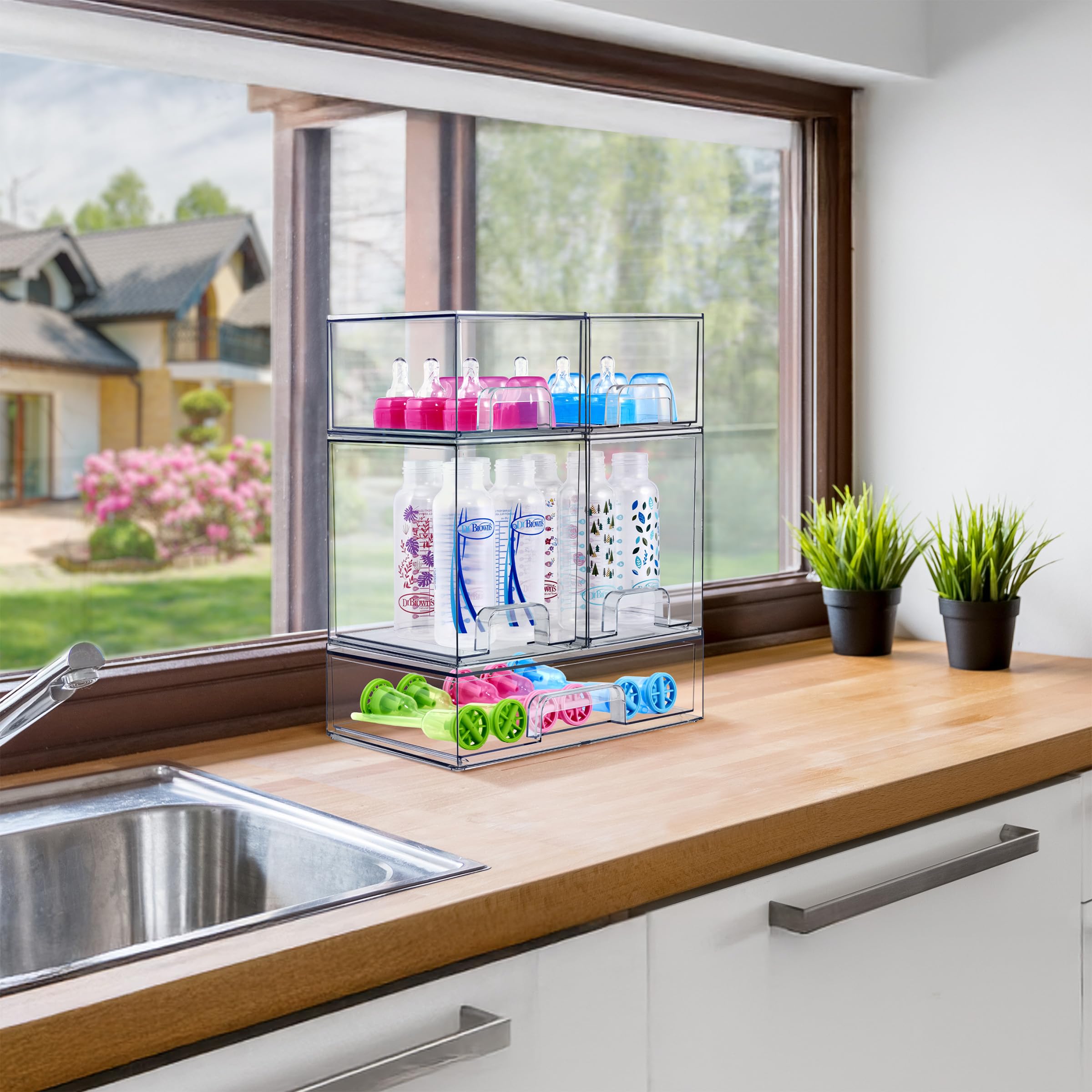 Sorbus Stackable Acrylic Storage Drawers – 2 Small + 2 Tall + 1 Wide – 5 Pack Clear Plastic Organizer Bins for Baby Bottles, Makeup, Bathroom & Vanity, Pull-Out Drawer Design for Kitchen Cabinets
