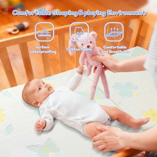 Jelumonpe Pack and Play Mattress 38"x26"x1.5",Trifold Portable Pack n Play Mattresses with Carry Bag，Waterproof Playpen Crib Mattress with Soft Breathable and Washable Cover for Baby Toddler/Flower