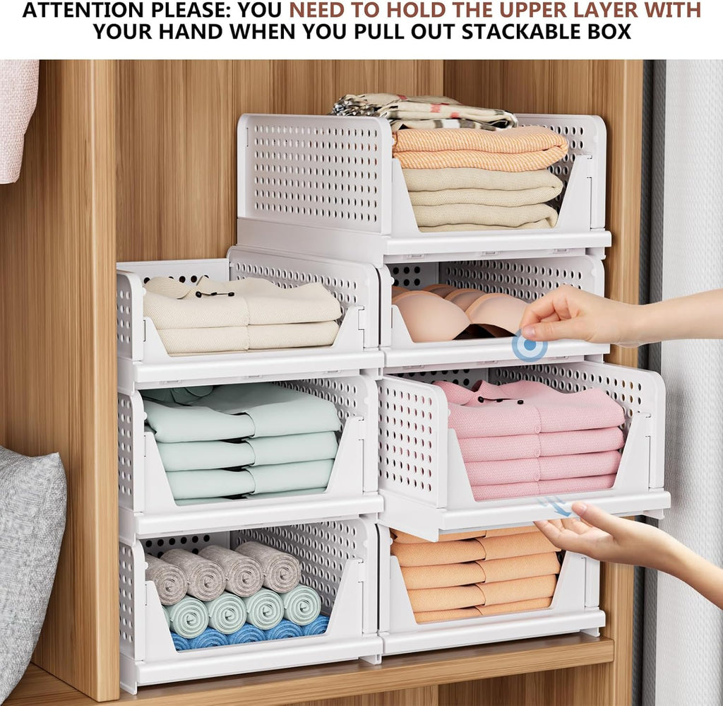 Skiennix Folding Closet Organizers - Stackable Storage Bins for Home & Office | White - 4L (4 Pack)