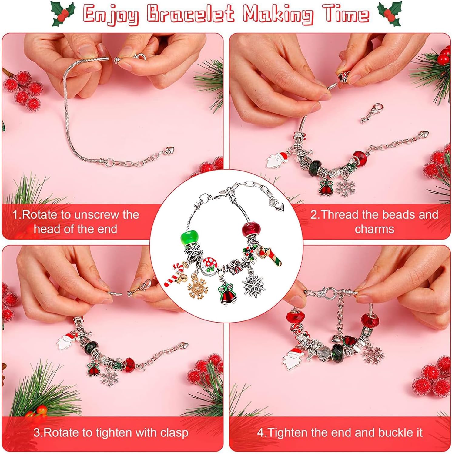 Skiennix Christmas Advent Calendar Bracelets 2024 - 24-Day Countdown with 22 Charm Beads & 2 Bracelets for Girls & Teens (Silver)