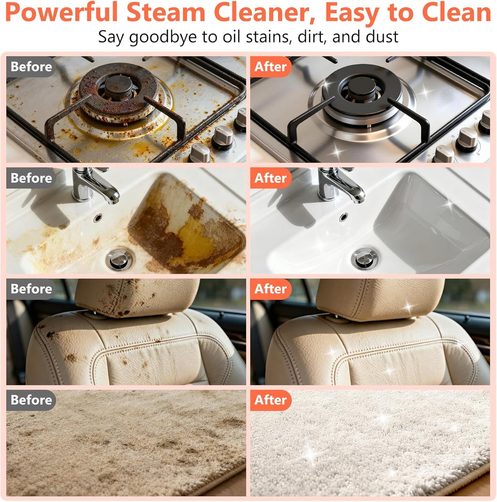 Skiennix Portable Steam Cleaner - 16-Piece Accessory Set | 6-Level Adjustable Heat, Fast 15s Heat-Up, Handheld for Home & Car Detailing - Orange