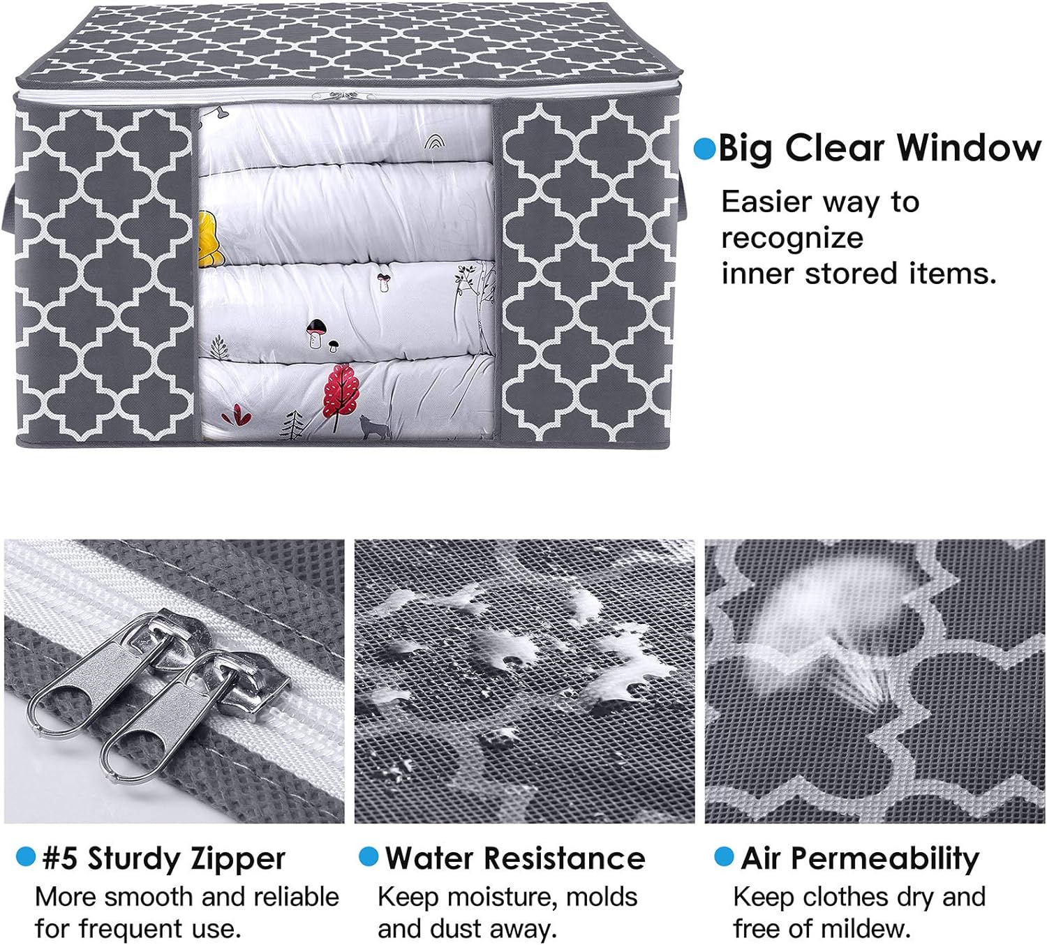 WISELIFE Storage Bags - Large Blanket and Clothes Organizers with Clear Window | Grey, 3 x 100L, Foldable Design