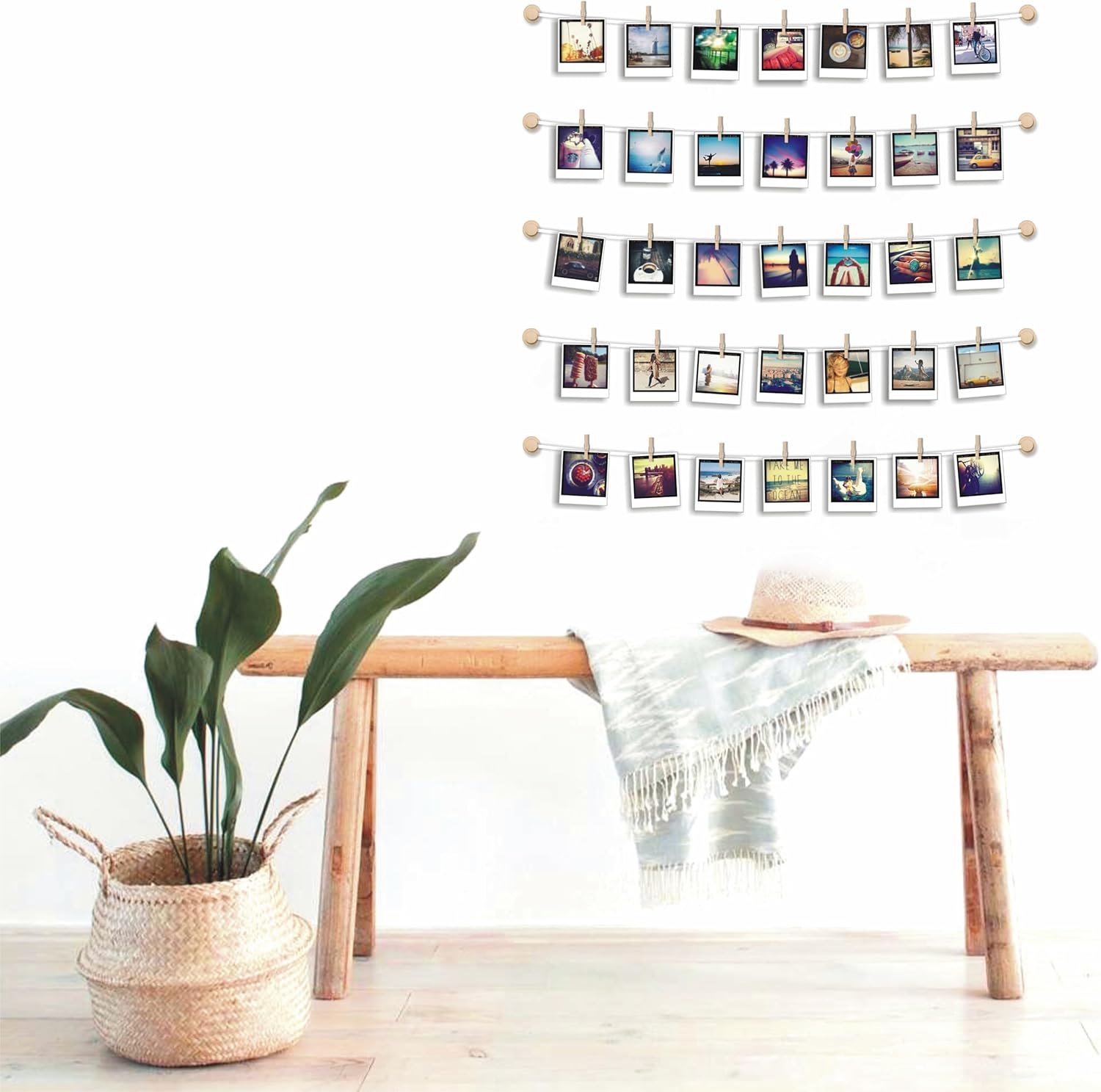 PhotoWall Hanging Photo Display | Sculptural Picture Frames Collage - 5 Strings, 30 Clips, 3M Hooks - 30 x 30 Inch