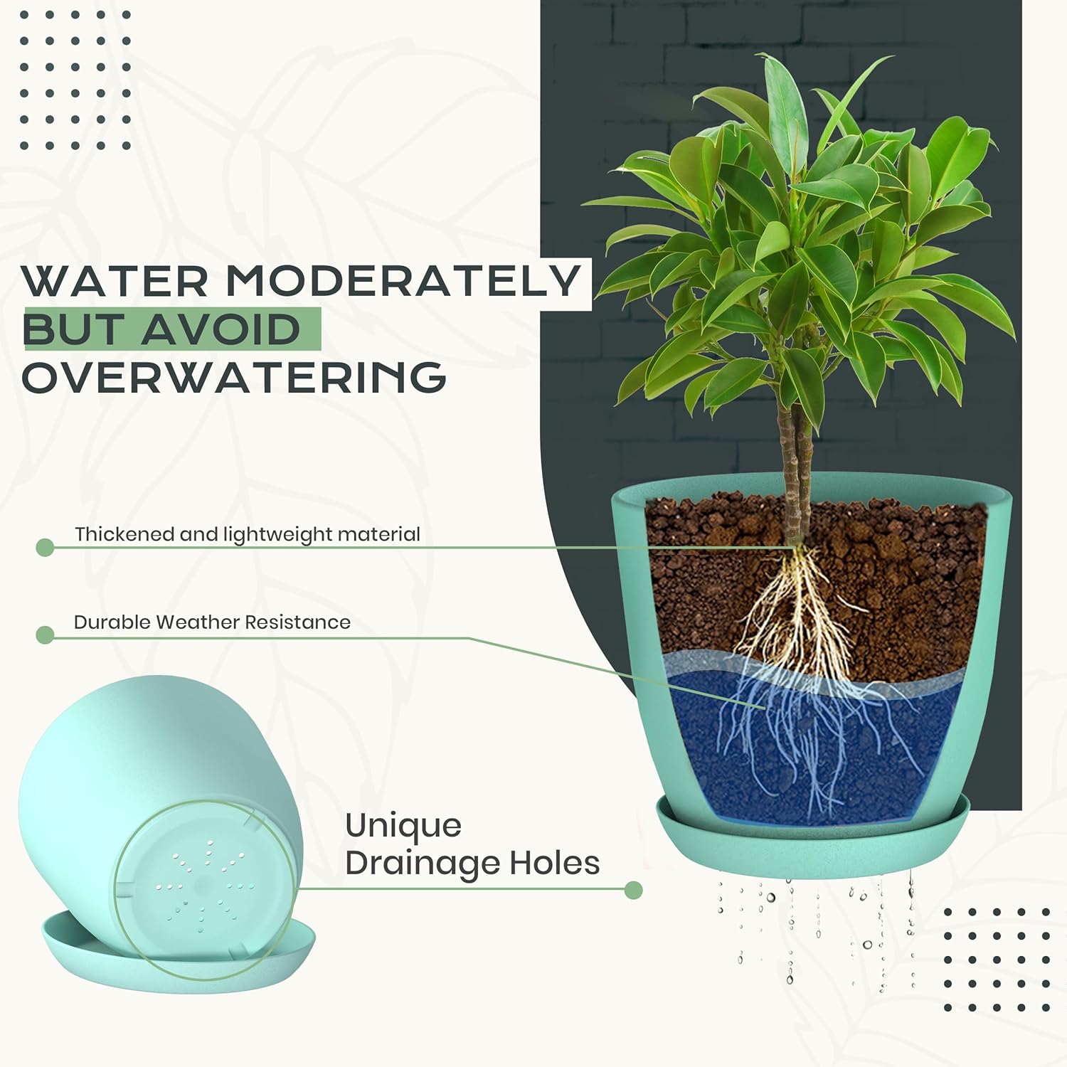 Utopia Home - Indoor Plant Pots with Drainage - 7 to 4.8 Inches in Aqua | Set of 10 Plastic Planters