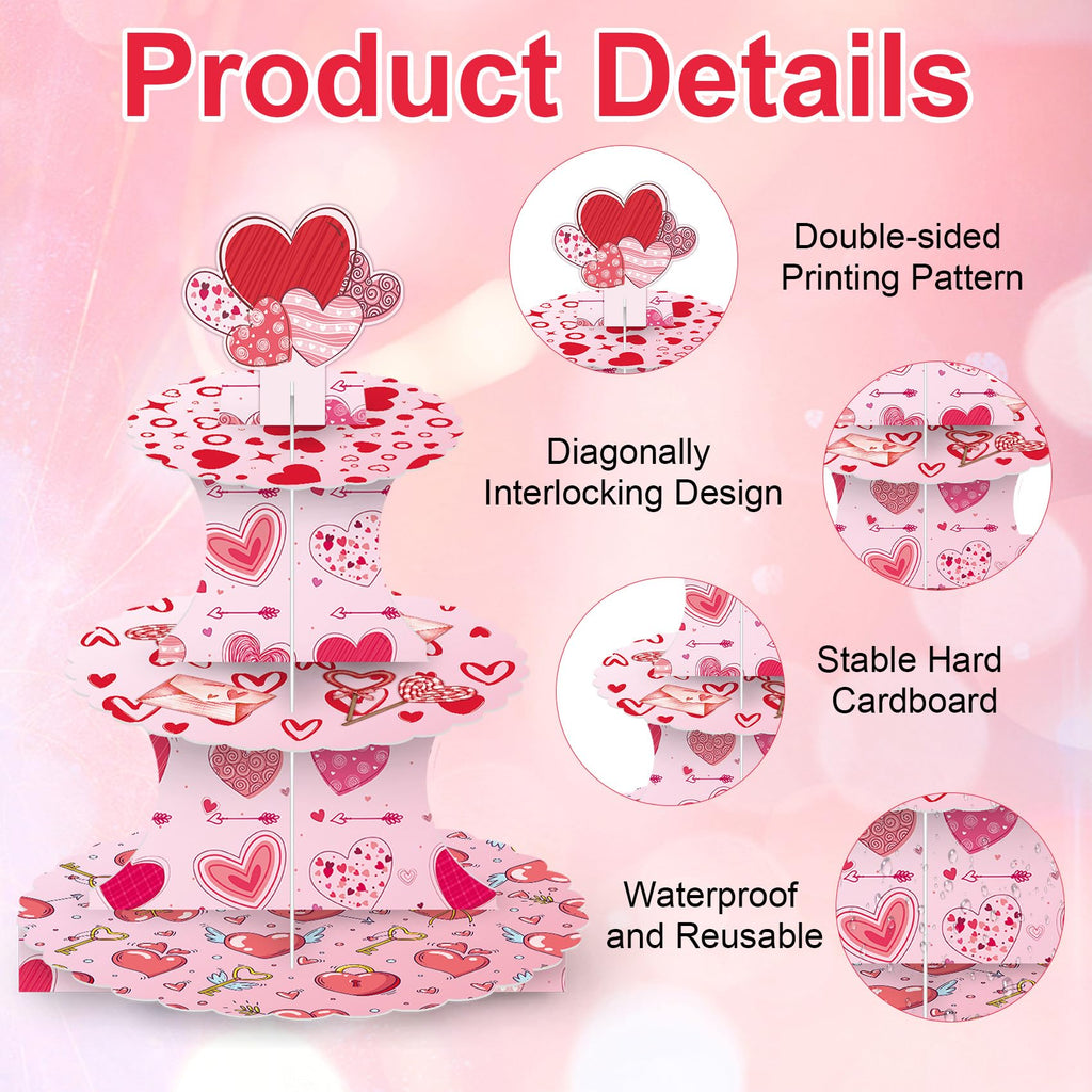 Valentine's Day Cupcake Stand Decoration, 3 Tier Hearts Candy Cupcake Stand DIY Cake Stand Holder Tower Cardboard Dessert Serving Cookie Tray Holder for Valentine Wedding Anniversary Party Supplies
