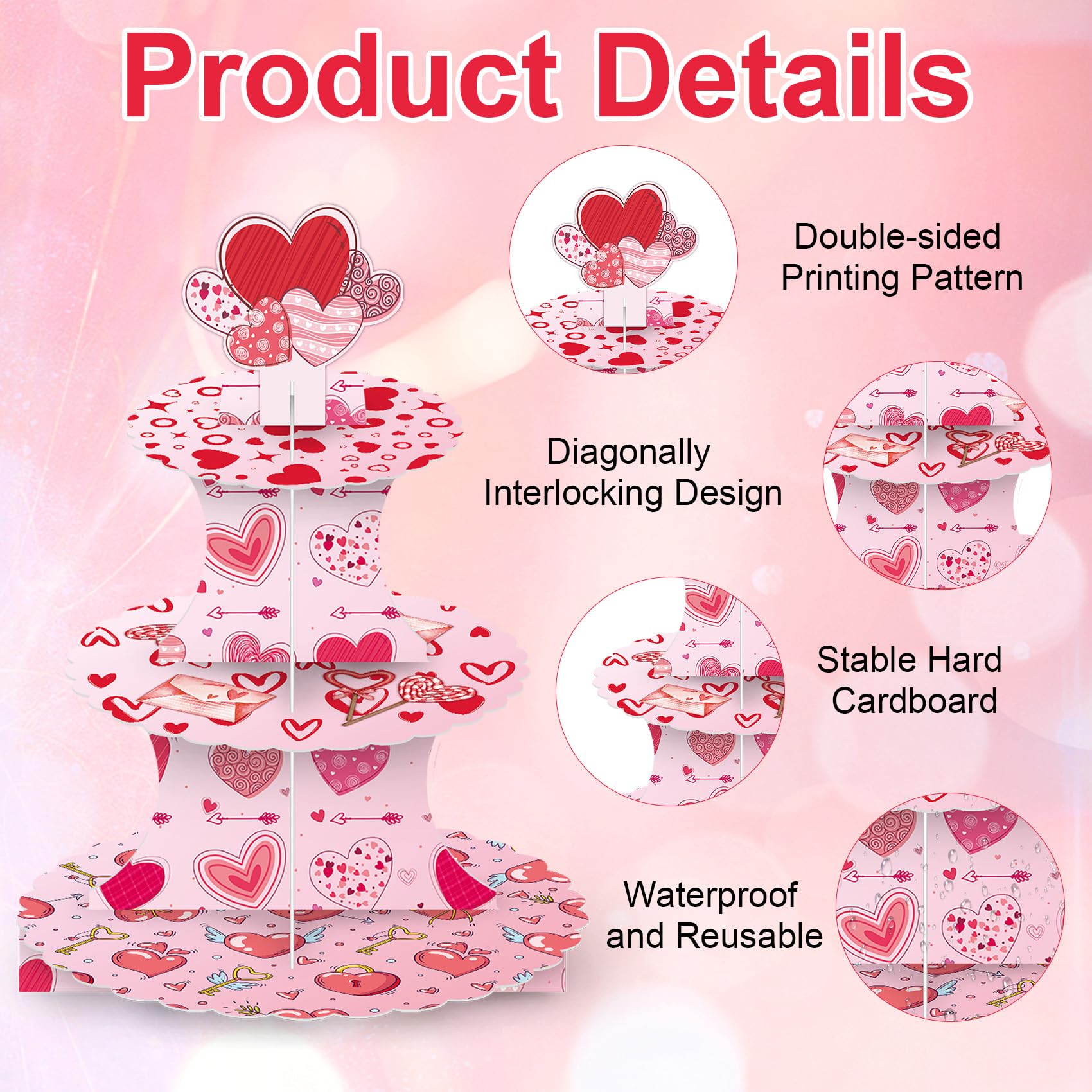Valentine's Day Cupcake Stand Decoration, 3 Tier Hearts Candy Cupcake Stand DIY Cake Stand Holder Tower Cardboard Dessert Serving Cookie Tray Holder for Valentine Wedding Anniversary Party Supplies