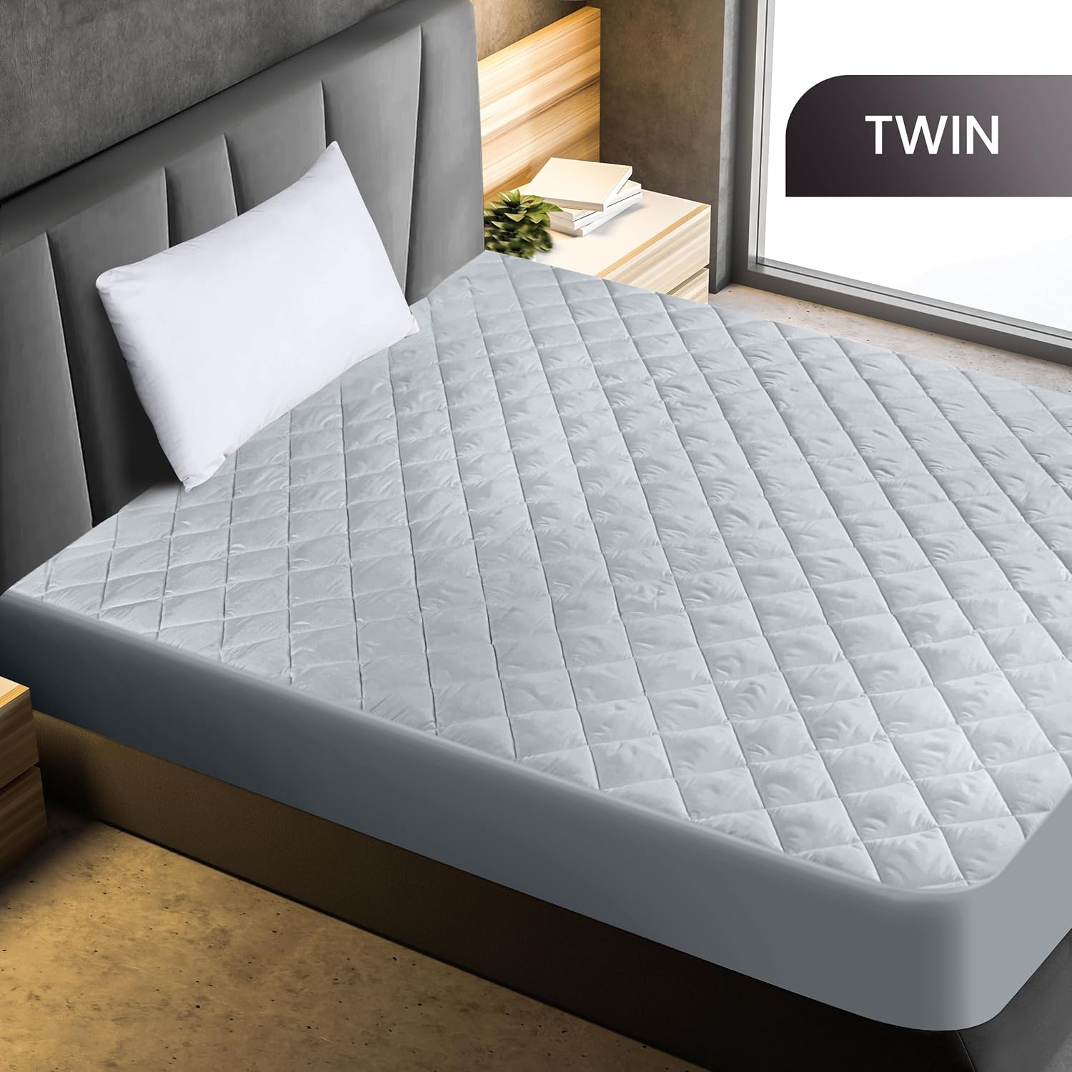 Utopia Bedding Quilted Fitted Mattress Pad - Twin Size Deep Pocket Protector | Machine Washable Light Grey