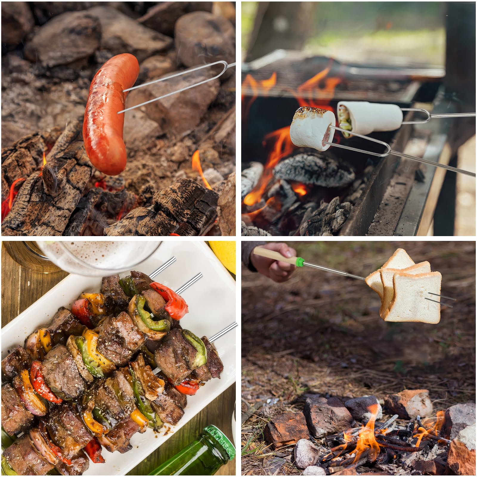 10 Pack Smores Sticks, 32 Inch Marshmallow Roasting Sticks for Fire Pit, Extendable Roasting Skewers with Bag, Hot Dog Fork, Smores Kit for Campfire Camping Essentials