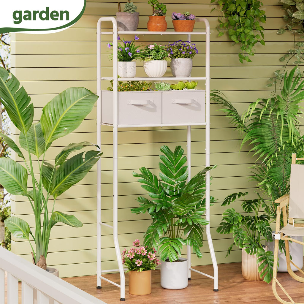 Simple Trending Over The Toilet Storage Rack with Drawers, Metal 3 Tier Bathroom Organizer Shelf with Paper Holder and 3 Hooks, White