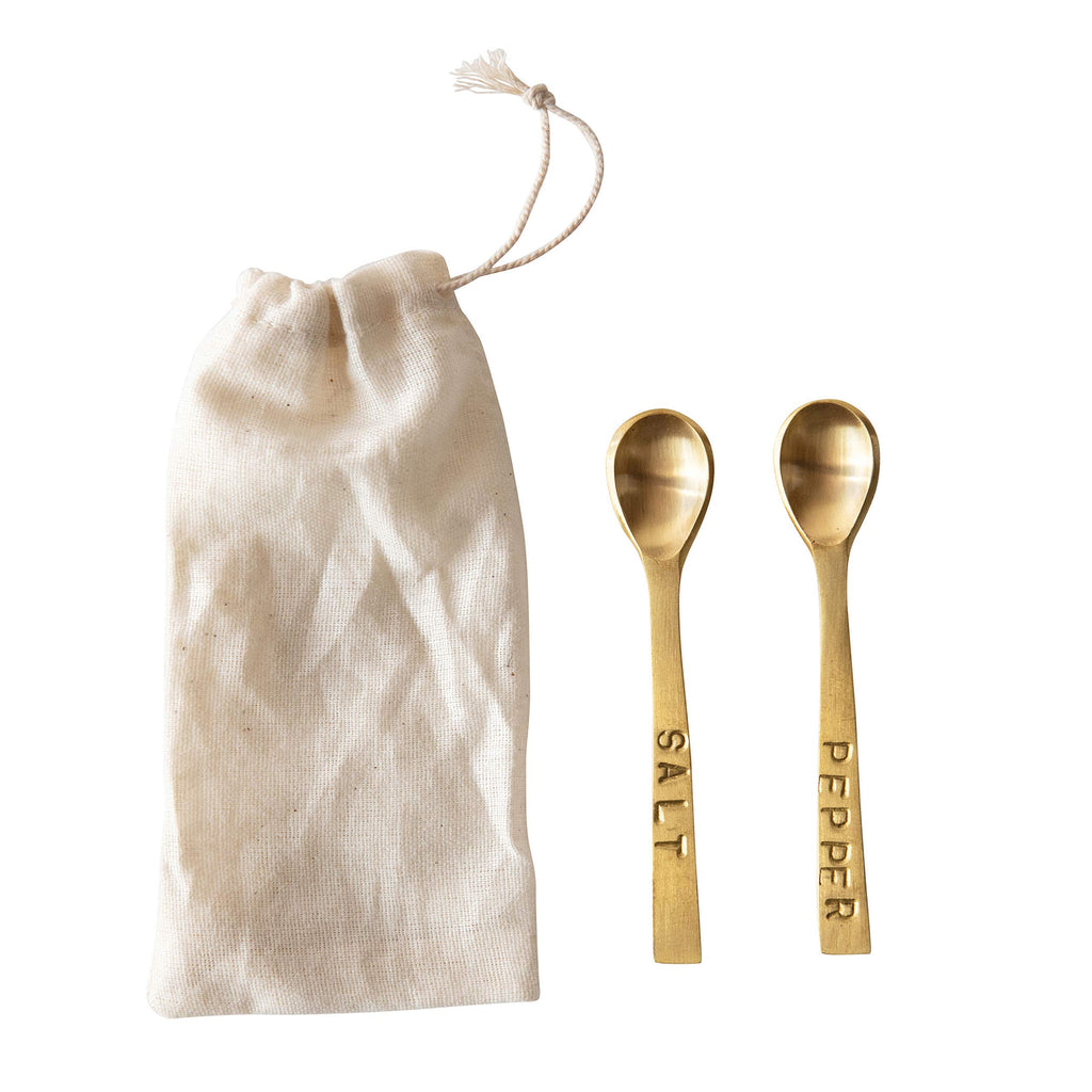 Creative Co-Op Metal "Salt" & "Pepper" Spoons in Drawstring Bag, Brass Finish, Set of 2