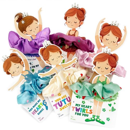 Valentines Day Cards for Kids School - 24 Pack Dance Valentines Cards with Hair Scrunchies, Ballet Valentine for Class Party Favors, Girls Valentine Gifts for Daycare Preschool Classroom Exchange