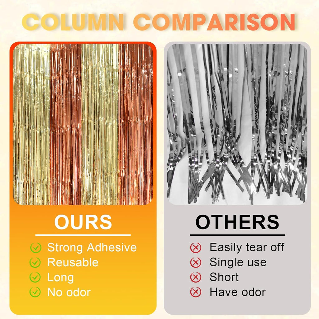 Voircoloria Foil Fringe Backdrop Curtains - 3 Pack of 3.3 x 8.2 ft Rose & Champion Tinsel Streamers for Parties