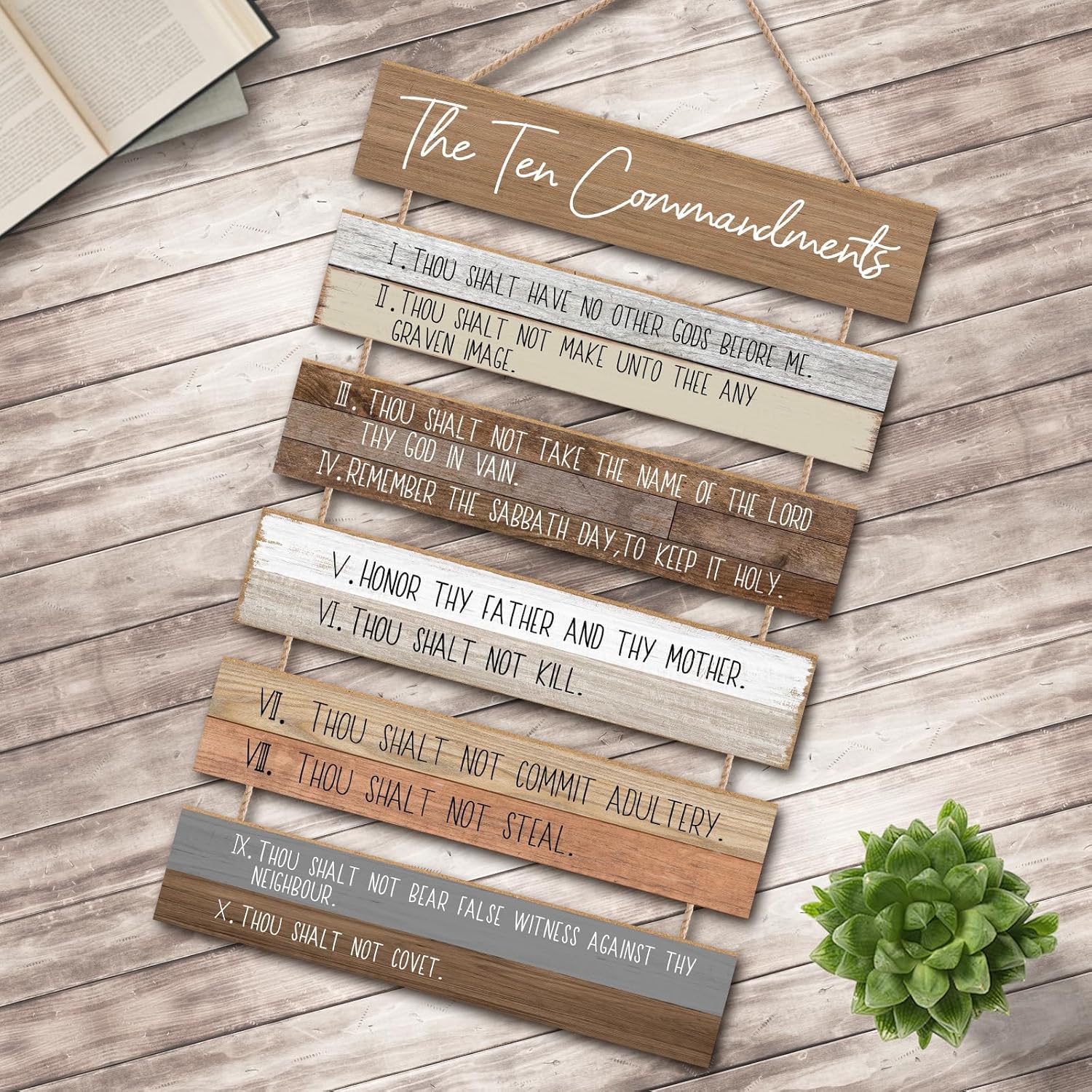 Ten Commandments Wall Art by Christian Home - Wooden Bible Verse Decor for Living Room, Office, Garden