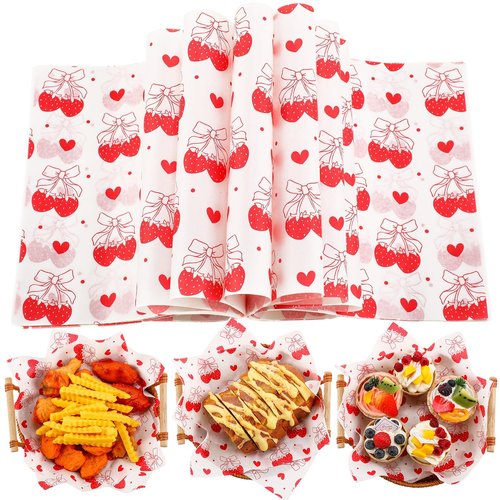 Supervitae 150 Pcs Valentine Wax Paper Sheets for Food Baking Sandwich Wrapping Tissue Heart Parchment Paper Greaseproof Waterproof Basket Liners for Picnic Valentine Party Favors(Strawberry Bow)
