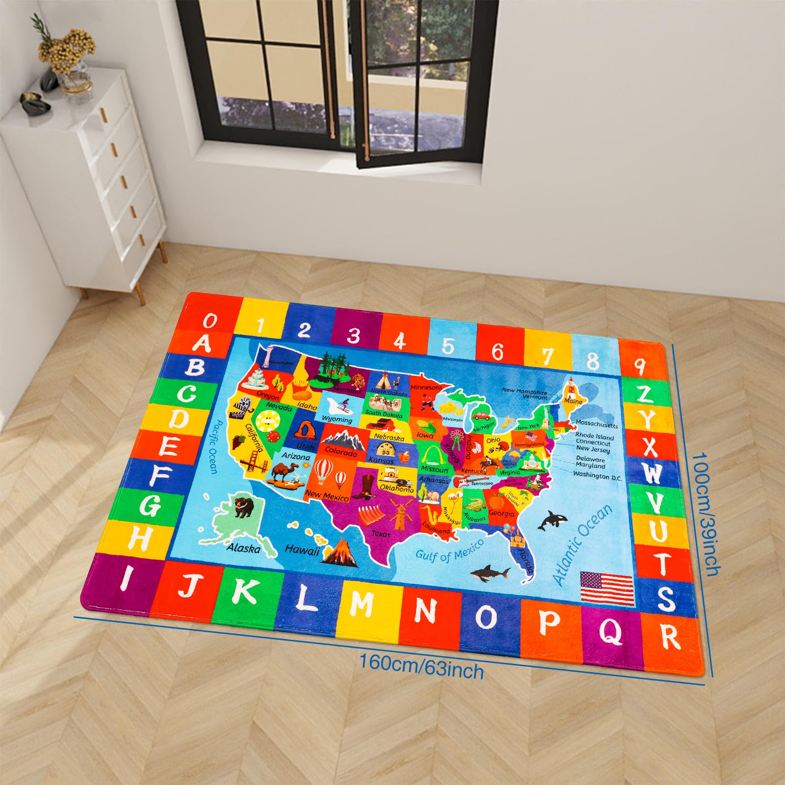 LTKOUGFAM USA Map ABC Kid Rug 39.4" × 63" for Playroom Geography Classroom Rug Educational Baby Playmat Alphabet Mat for Primary School Fluffy Ployester Non-Slip Preschool Carpet for Nursery Room