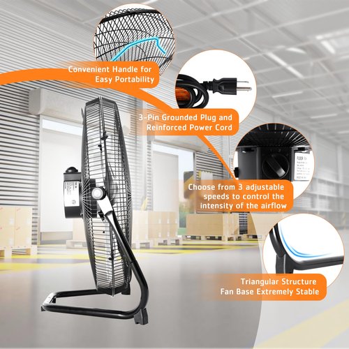 20 Inch Floor Fan, Max 4650 CFM Industrial Fan, 3-speed and 360°Adjustable Tilt, Metal Construction and Aluminum Blades, Ideal for Warehouse, Workshop, Factory, Garage