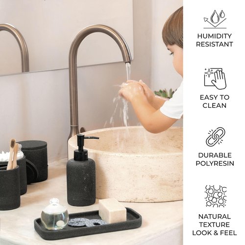 ZCCZ Black Stone Bathroom Accessories Set 6 Pieces - Toothbrush Holder, Lotion Dispenser, Qtip Container, Vanity Tray, Tumbler - Countertop Organizer for Bathrooms - Elegant and Functional Décor Set
