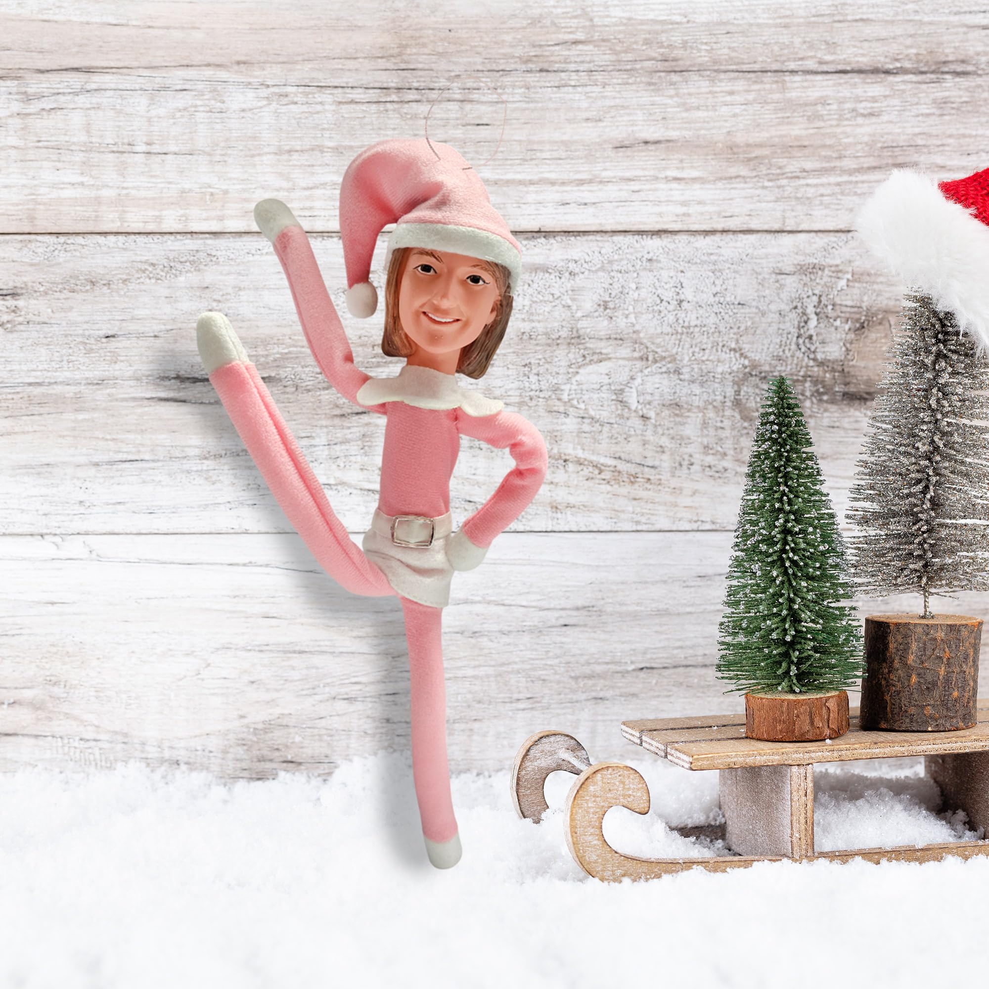 Party Monkeys Bend and Pose Pink Timeless Holiday Charm Martha Elf 35cm Ornament – Handmade Pink Christmas Elf Decoration for Tree, Mantel, Shelf, and Holiday Party Décor