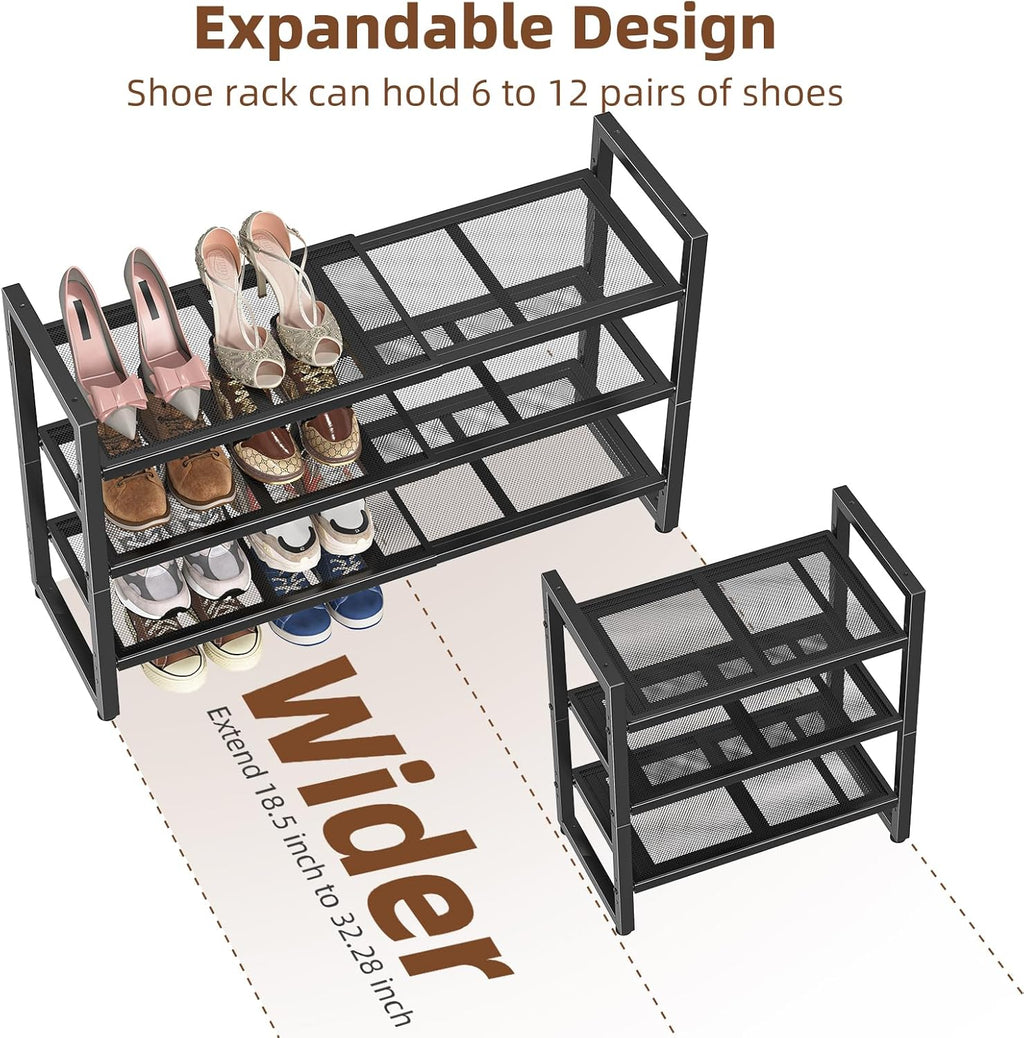 Skiennix 3-Tier Expandable Shoe Rack - Adjustable & Stackable Metal Mesh Organizer | Black