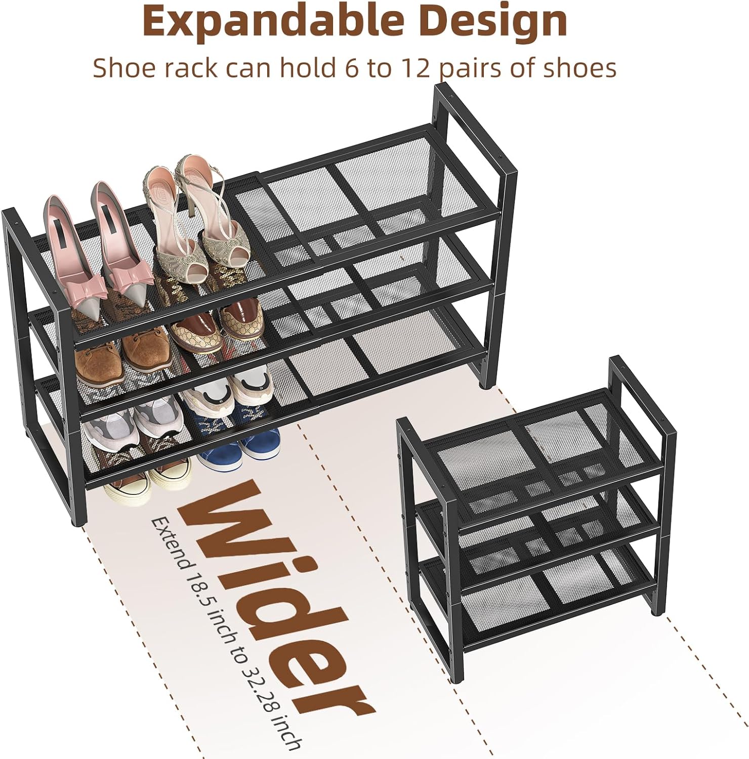 Skiennix 3-Tier Expandable Shoe Rack - Adjustable & Stackable Metal Mesh Organizer | Black