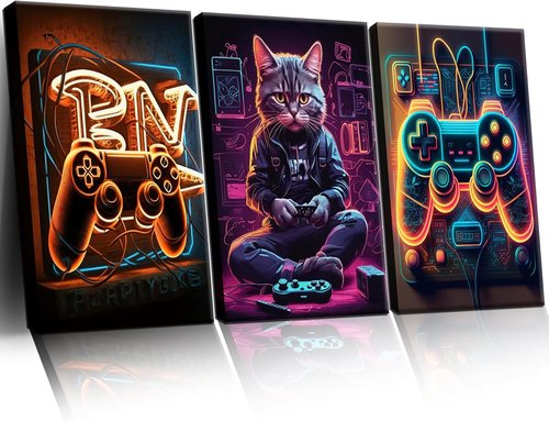 Eysintum Gaming Wall Art - Retro Video Game Controller & Cat Canvas Prints | 12x16in Set of 3 for Boys' Room Decor