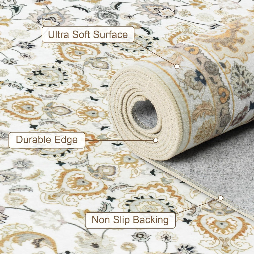 Skiennix 5x7 Area Rug - Washable Vintage Boho Design | Soft, Stain-Resistant Carpet for Living Room, Bedroom, and Office - Beige