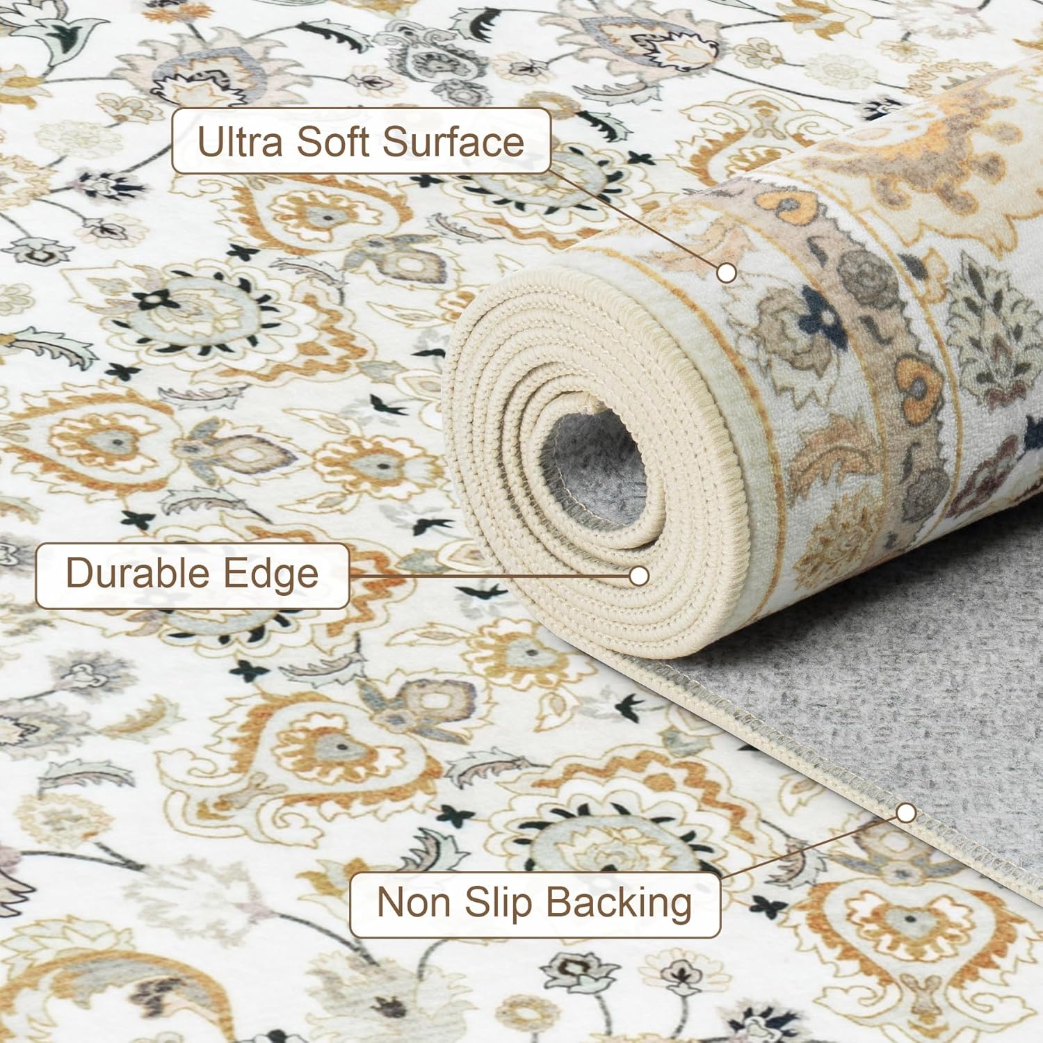 Skiennix 5x7 Area Rug - Washable Vintage Boho Design | Soft, Stain-Resistant Carpet for Living Room, Bedroom, and Office - Beige
