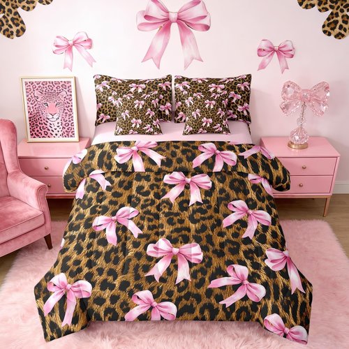 Castle Fairy Bowknot Leopard Bed in a Bag Comforter Set,Girly Princess Pink Bow Full Size 7 Pieces for Kids Teens,Cheetah Fur Print Bedding Set with Comforter, Sheet Set, Pillowcases, Pillow Covers
