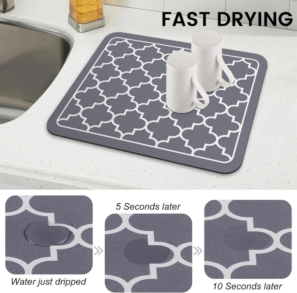WISELIFE Dish Drying Mat - Super Absorbent Kitchen Counter Mat | Large 15"x18" Stylish Grey Design