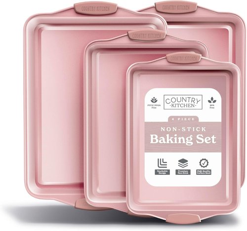 Country Kitchen Nonstick Bakeware Set - Heavy Duty, Easy Release, Stackable, Pink | 4 Pieces