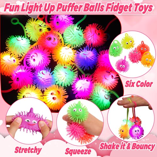 24 Pack Valentines Day Cards for Kids Classroom with LED Puffer Balls, Valentines Gifts for Kids School Class Exchange Prizes Party Favors Valentines Light Up Toys Stress Relief Balls for Boys Girls