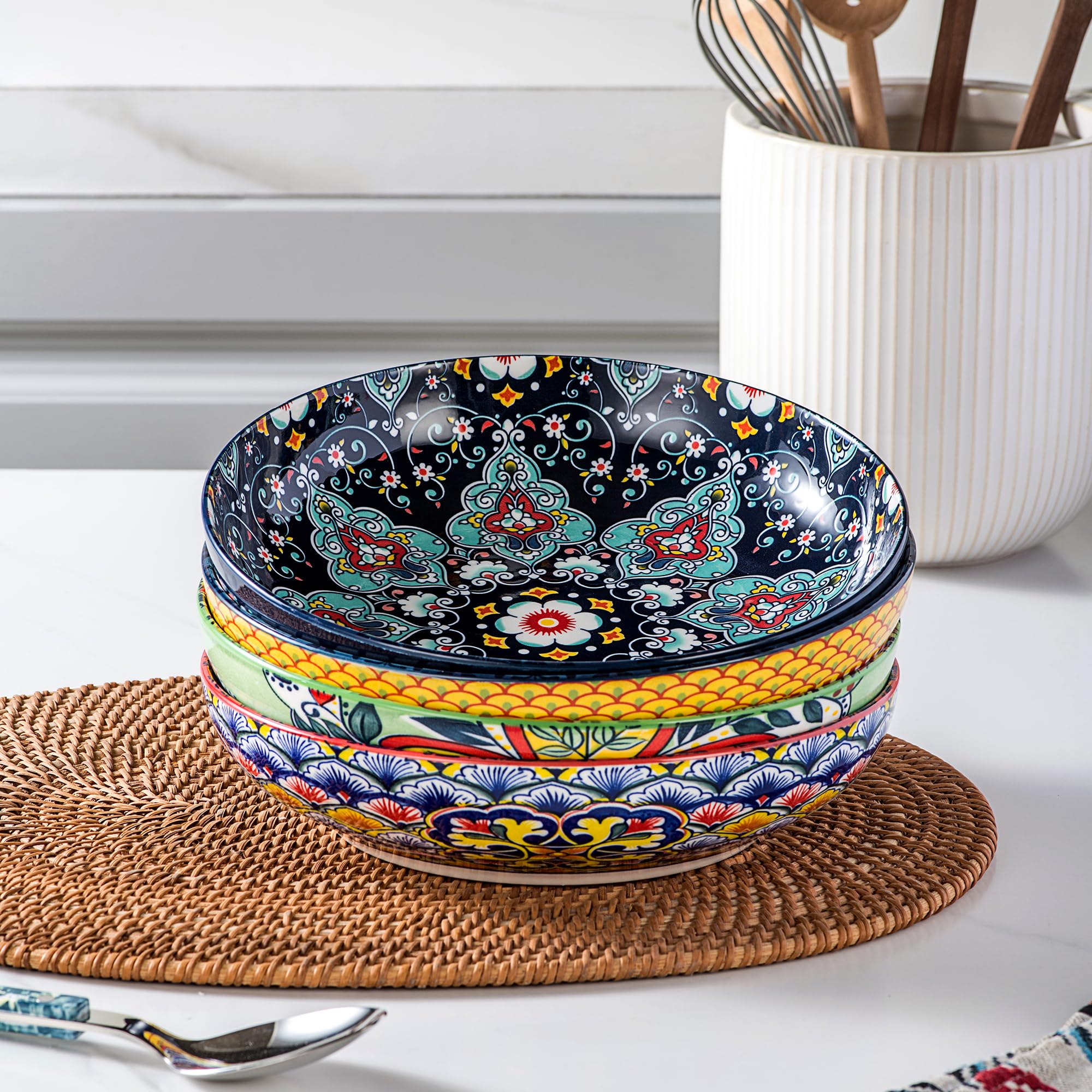 HENXFEN LEAD Pasta & Salad Bowls Set of 4, 45 oz Large Ceramic Serving Bowls – Colorful 9 Inch Wide & Shallow Bowls for Soup & Pasta, Microwave & Dishwasher Safe