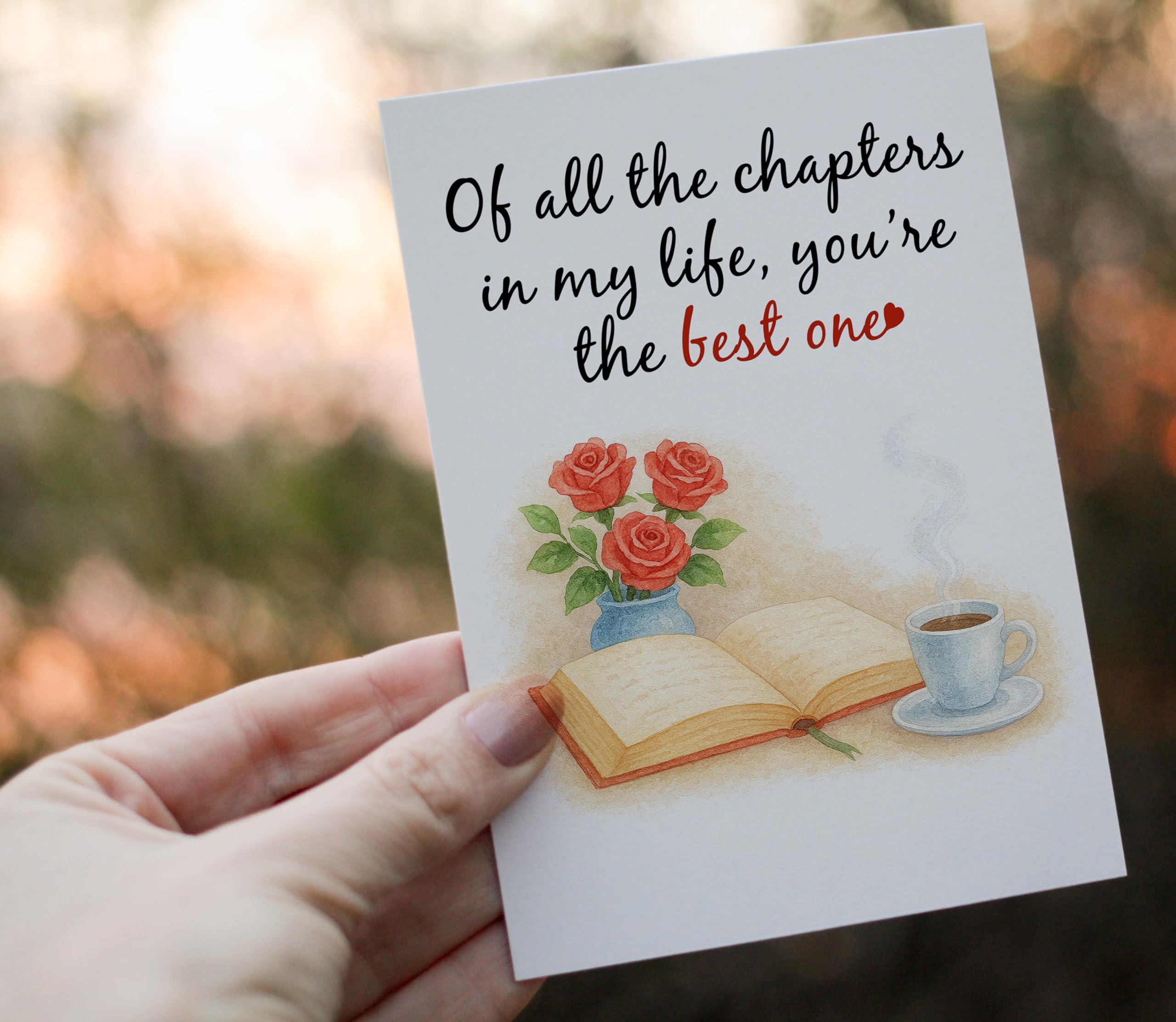 Anniversary Card – Romantic Greeting Card with Roses, Book & Coffee Design – 5x7 Inch Folded Card with Envelope & Sticker – Love Card for Husband, Wife, or Couple – Valentines Day or Wedding Anniversary