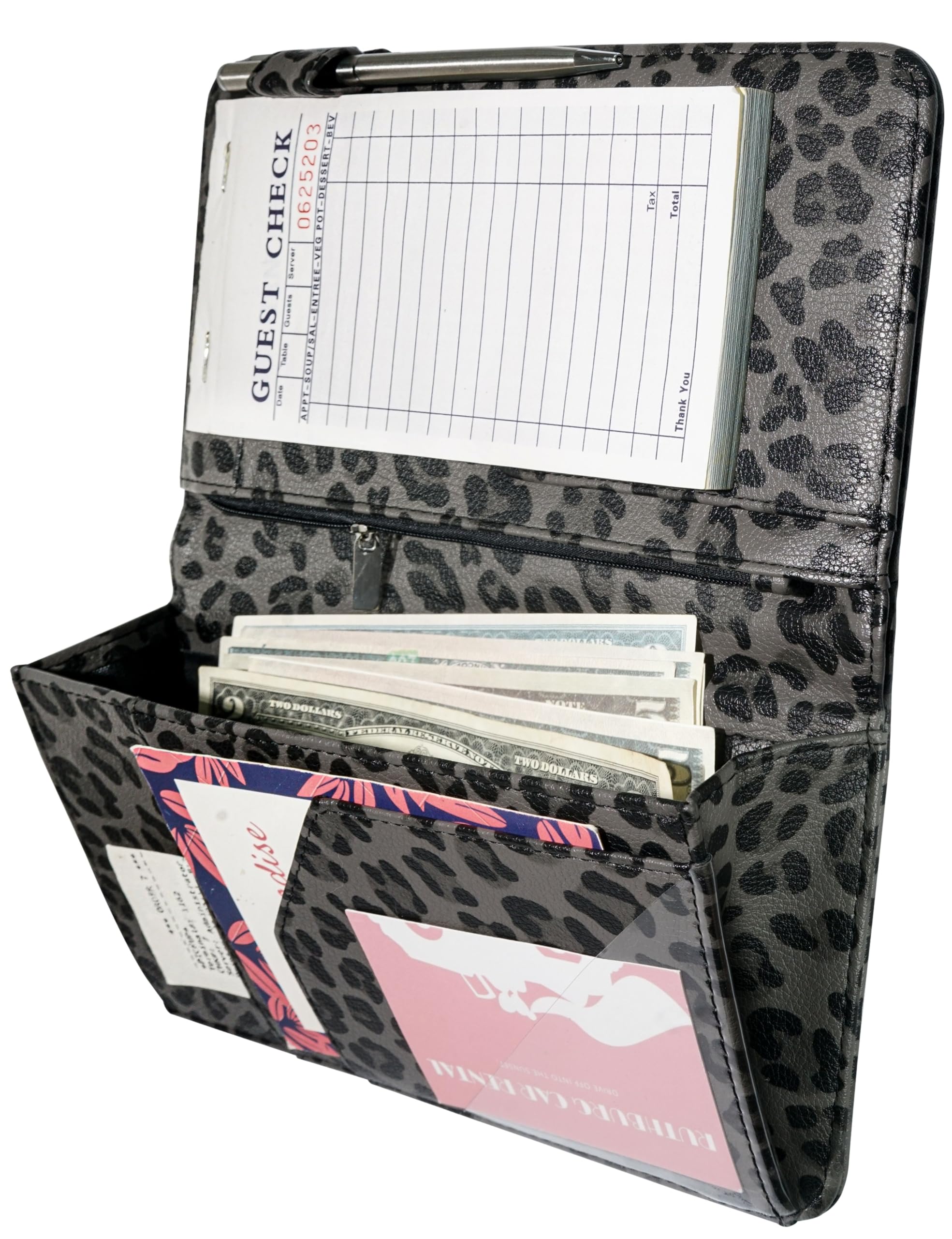Server Book for Waitress Book with Zipper Pocket and Magnetic Closure, 5"×9" Grey Leopard Cute Server Wallet with Money Pocket, Restaurant Waitstaff Organizer Fit Server Apron