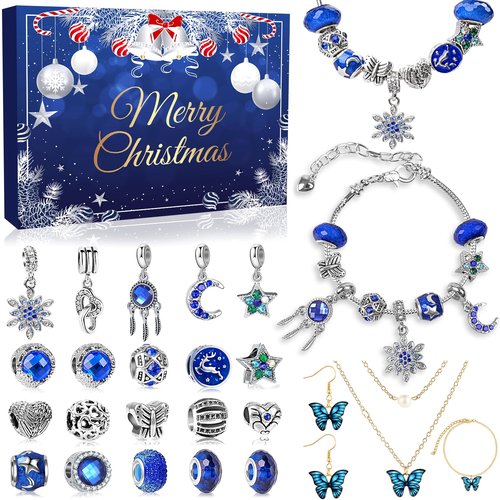 MOVINPE Advent Calendar Charm Bracelet 2025 for Teenage Girls Women, 24 Days Jewelry Necklace Bracelets Making Kit - Christmas Countdown Gifts for Teen Girl Daughter, Girlfriend, Wife, Mom (Royal Blue)