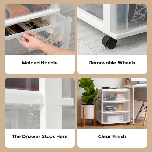 IRIS USA Rolling Drawer Storage Organizer Cart - 3 Spacious Drawers with Wheels | White for Crafts & More