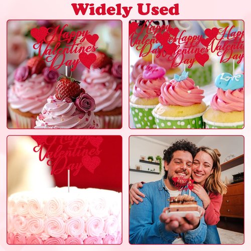 24Pcs Valentine's Day Happy Birthday Cake Sign Decoration, Heart Themed Cake Topper for Home Party Anniversary Supplies
