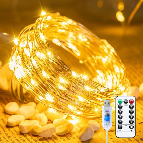 Fairy Lights with Remote, 66ft 200 LED USB Powered Twinkle Lights with Timer, Waterproof Silver Wire String Lights for Indoor Outdoor Wreath Wall Dorm Bedroom Mason Jar Christmas Tree Decoration