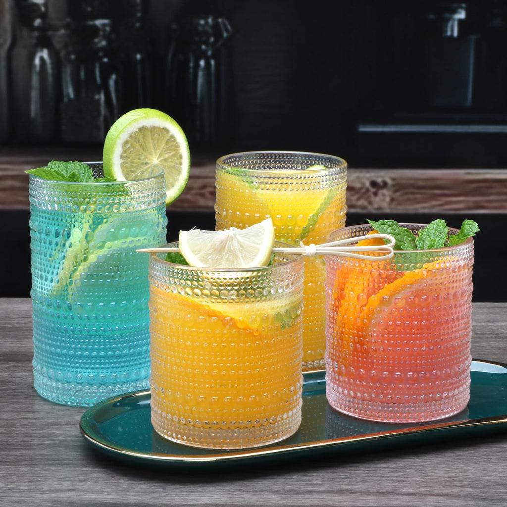 Woaiwo-q Embossed Highball Glasses Set of 12, 10 oz Thick Base Cocktail Drinking Glasses, 12 oz Clear Glassware Set, Glass Cups for Whiskey, Juice, Water, Home Bar & Kitchen, Dishwasher Safe